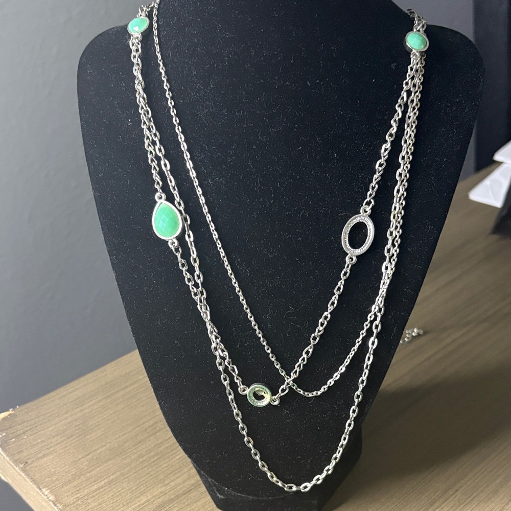 Silver Multi-Chain Necklace with Mint Green Gem Accents
